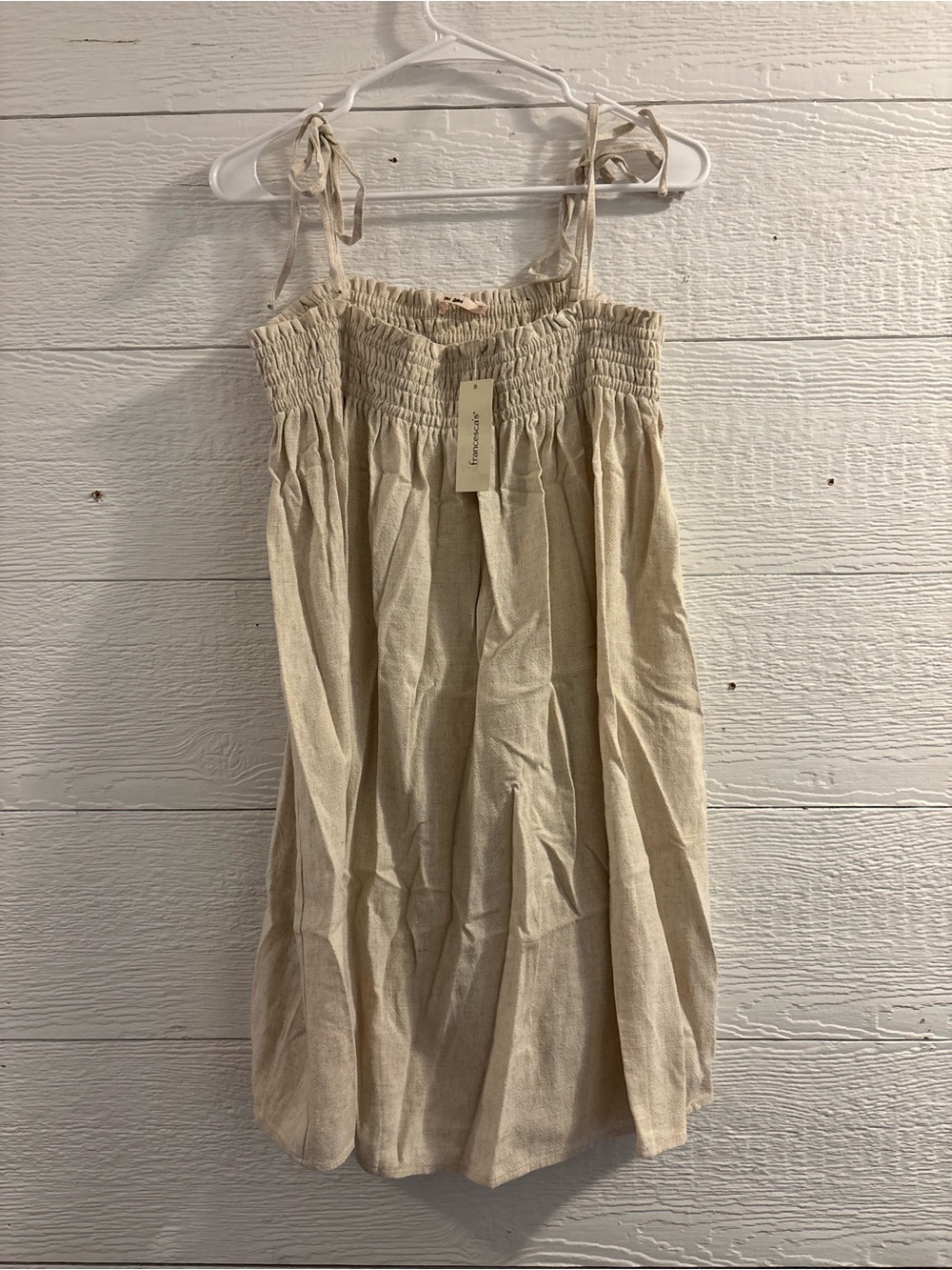Francesca's Cream Smocked Tie-Shoulder Dress
